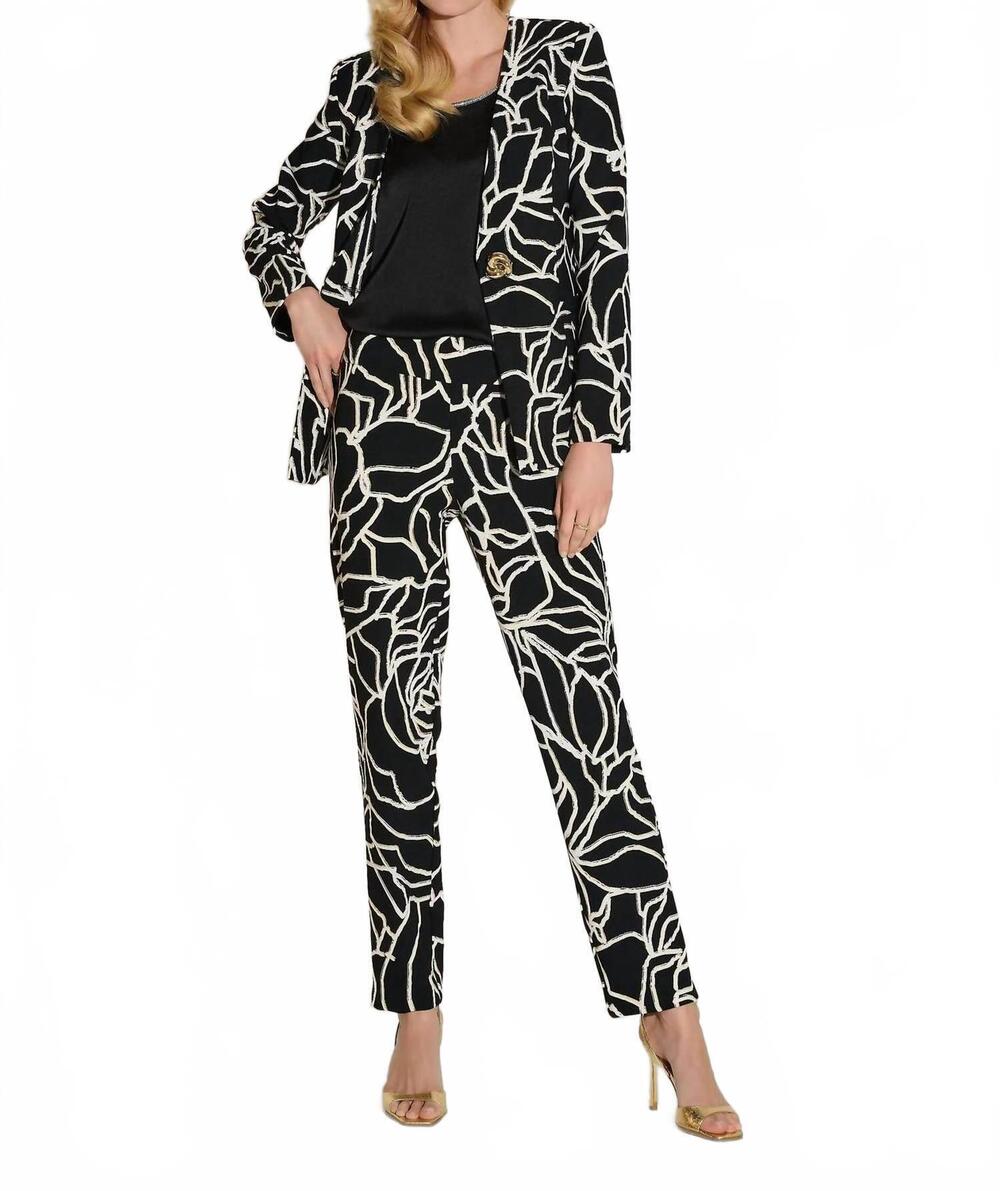NEW JOSEPH RIBKOFF foiled floral slim straight pants in black/vanilla